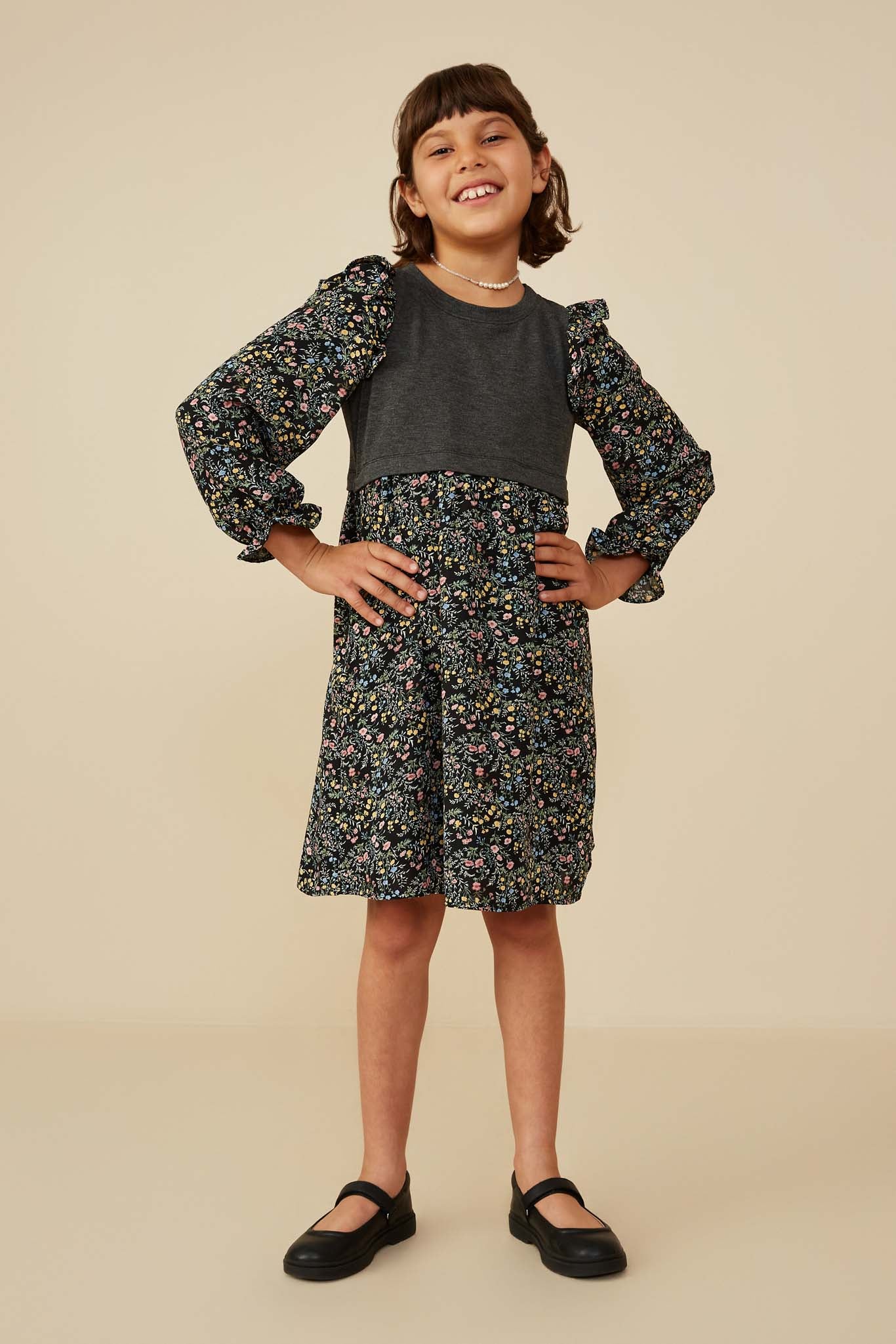 GY8778 Charcoal Girls Mix Media Floral Twofer Ruffle Dress Pose 2
