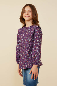 GY8785 Purple Girls Floral Print Scalloped Ruffle Twill Top Side