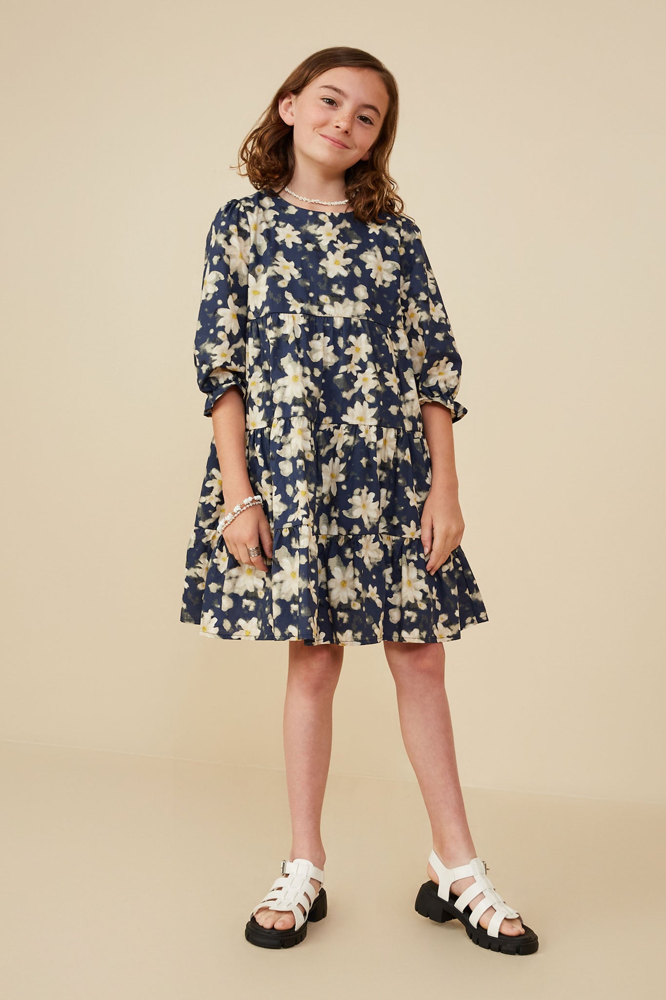Floral Print Tiered Cinch Sleeve Dress