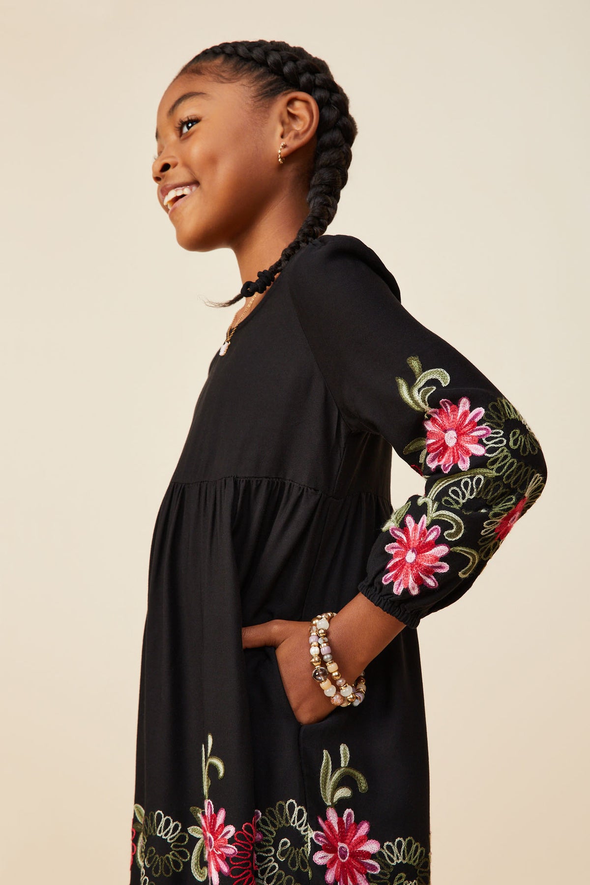 Embroidered Detail Long Sleeve Scoop Neck Dress