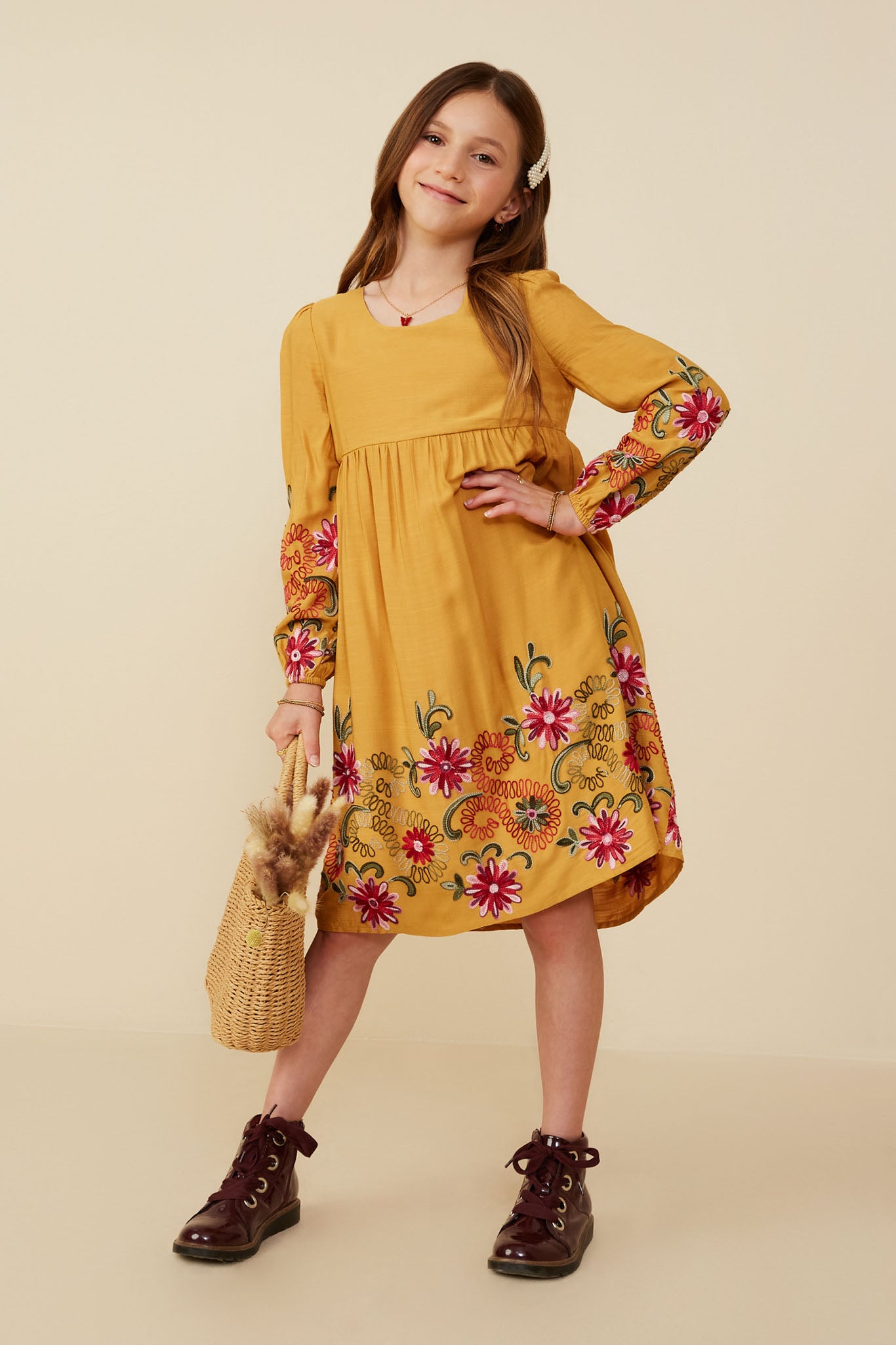 Girls Detail Embroidered Dresses | Cute Girls' Clothes Mustard / M Mustard *Girl's Dresses Midi Dresses Hayden Girls Girls Detail Embroidered Dresses | Cute Girls' Clothes Mustard / M Mustard *Girl's Dresses Midi Dresses Hayden Girls