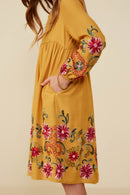 GY8814 Mustard Girls Embroidered Detail Long Sleeve Scoop Neck Dress Side