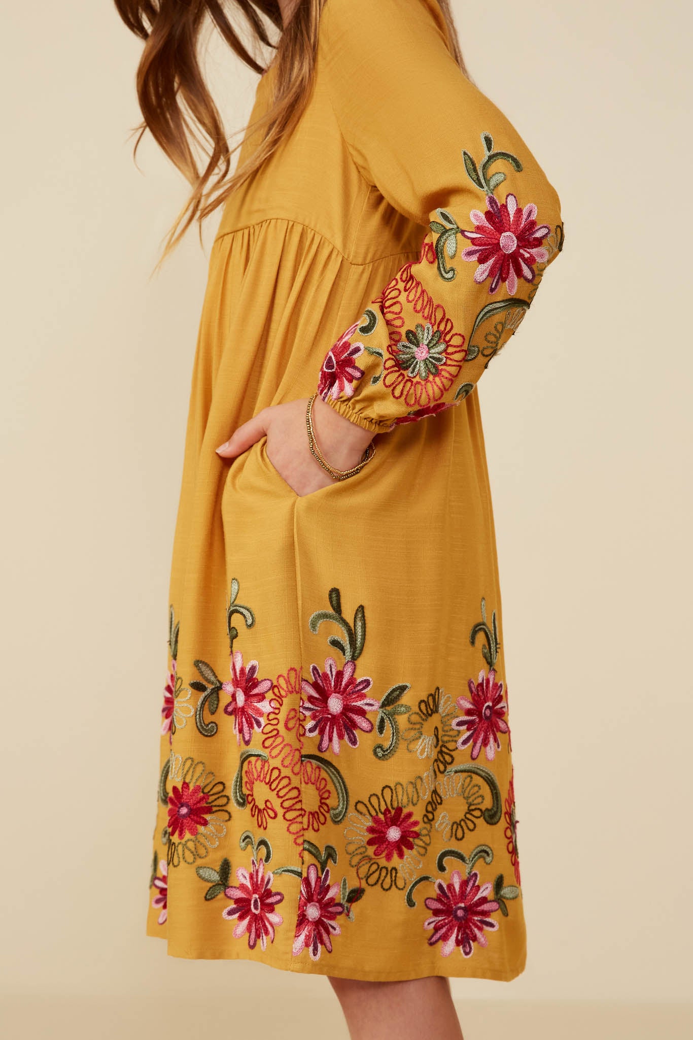 GY8814 Mustard Girls Embroidered Detail Long Sleeve Scoop Neck Dress Side