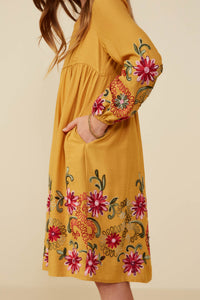 GY8814 Mustard Girls Embroidered Detail Long Sleeve Scoop Neck Dress Side