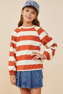 GY8835 Rust Girls Shoulder Button Detail Puff Sleeve Knit Top Front