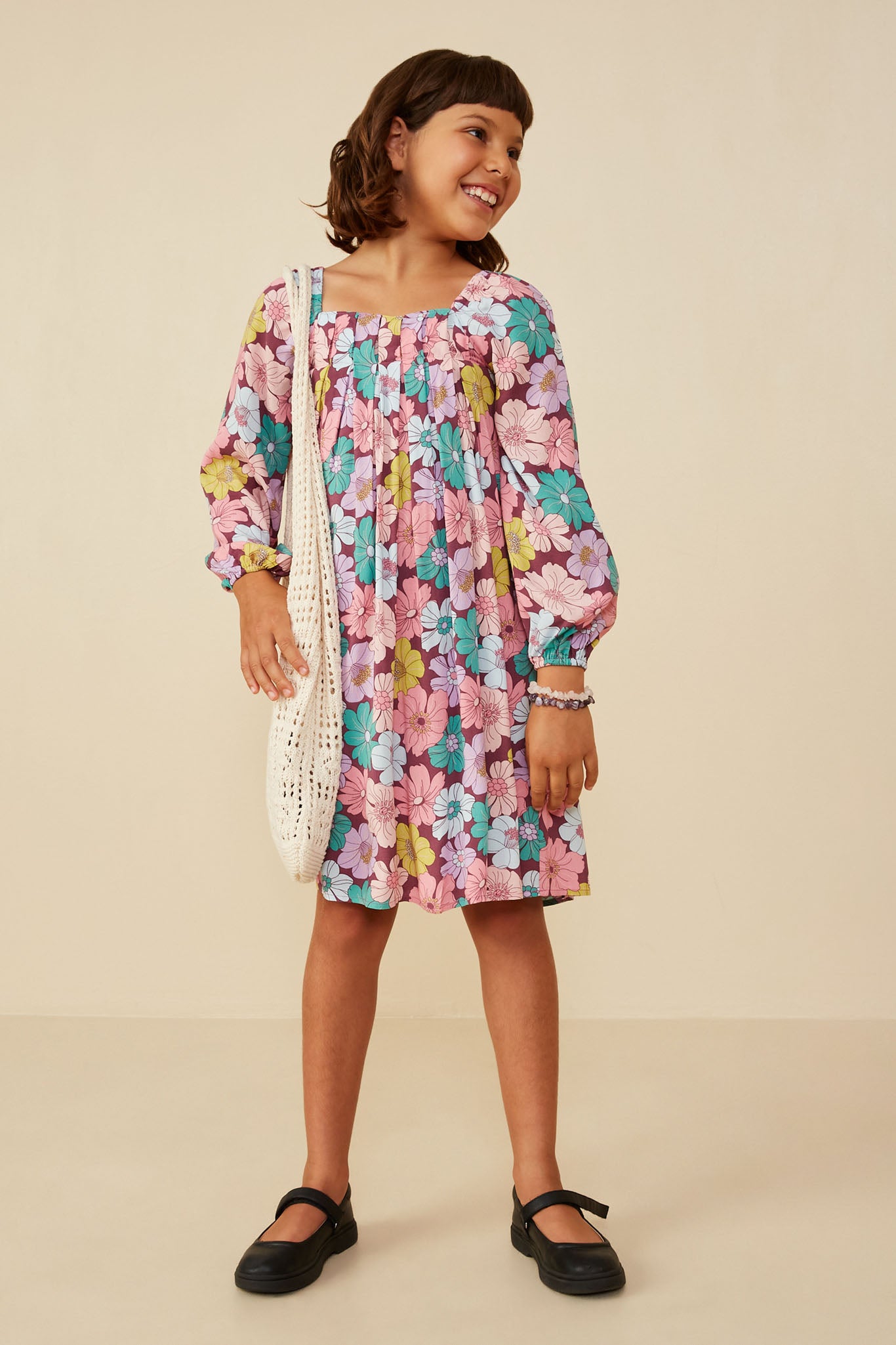 Floral Print Box Pleat Square Neck Dress