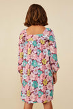 GY8854 Burgundy Girls Floral Print Box Pleat Square Neck Dress Back