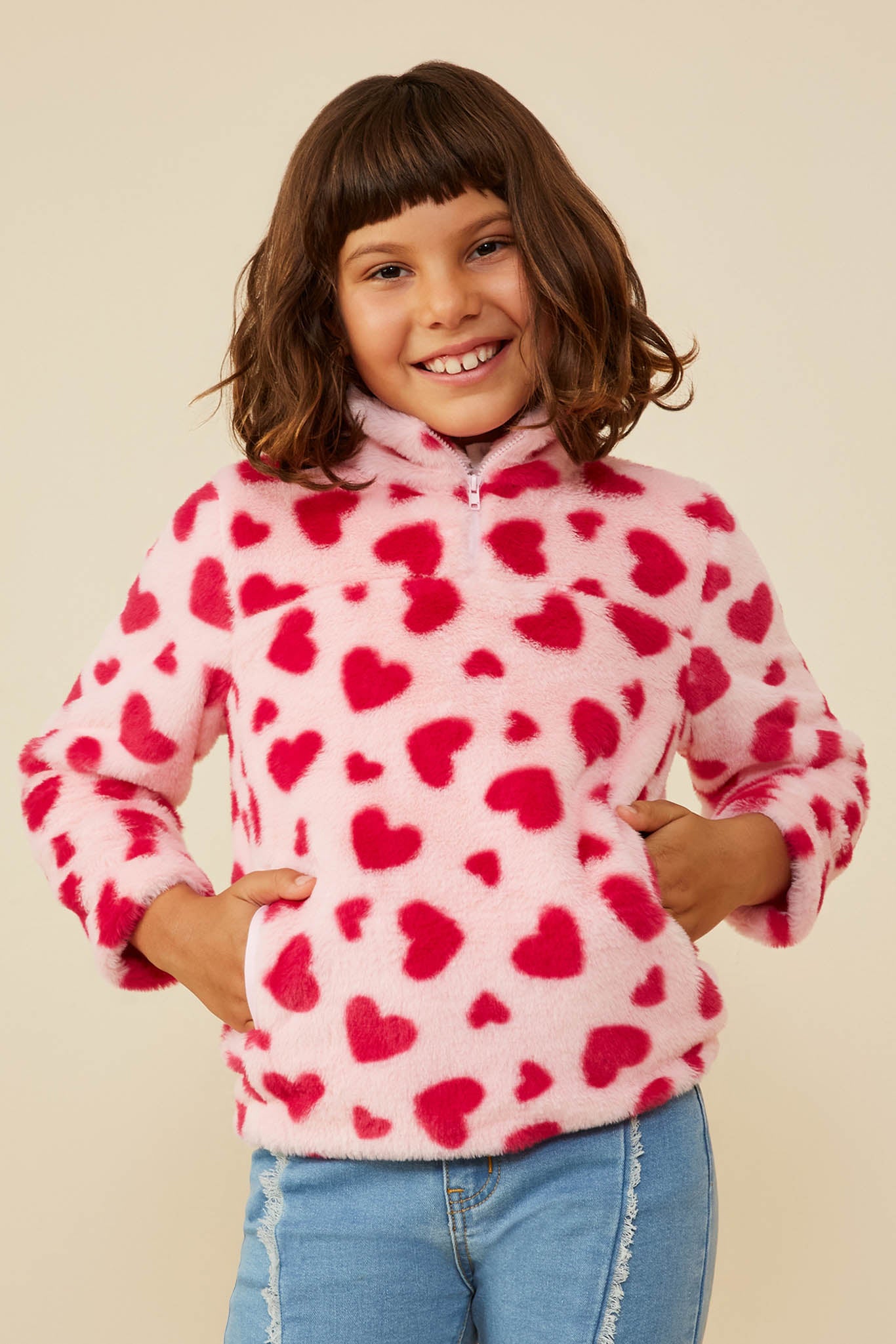 Heart Print Fleece Quarter Zip Mock Neck Top