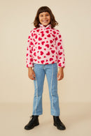 GY8856 Pink Girls Heart Print Fleece Quarter Zip Mock Neck Top Pose