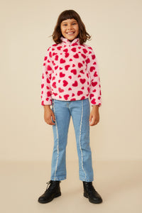 GY8856 Pink Girls Heart Print Fleece Quarter Zip Mock Neck Top Pose