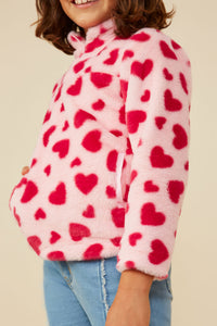 GY8856 Pink Girls Heart Print Fleece Quarter Zip Mock Neck Top Detail