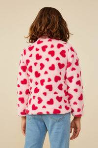GY8856 Pink Girls Heart Print Fleece Quarter Zip Mock Neck Top Back
