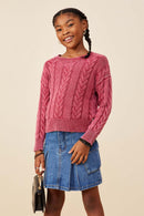 GY8873 Burgundy Girls Cable Knit Washed Pullover Sweater Front