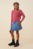 GY8873 Burgundy Girls Cable Knit Washed Pullover Sweater Pose