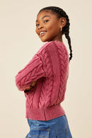 GY8873 Burgundy Girls Cable Knit Washed Pullover Sweater Side