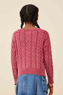 GY8873 Burgundy Girls Cable Knit Washed Pullover Sweater Back