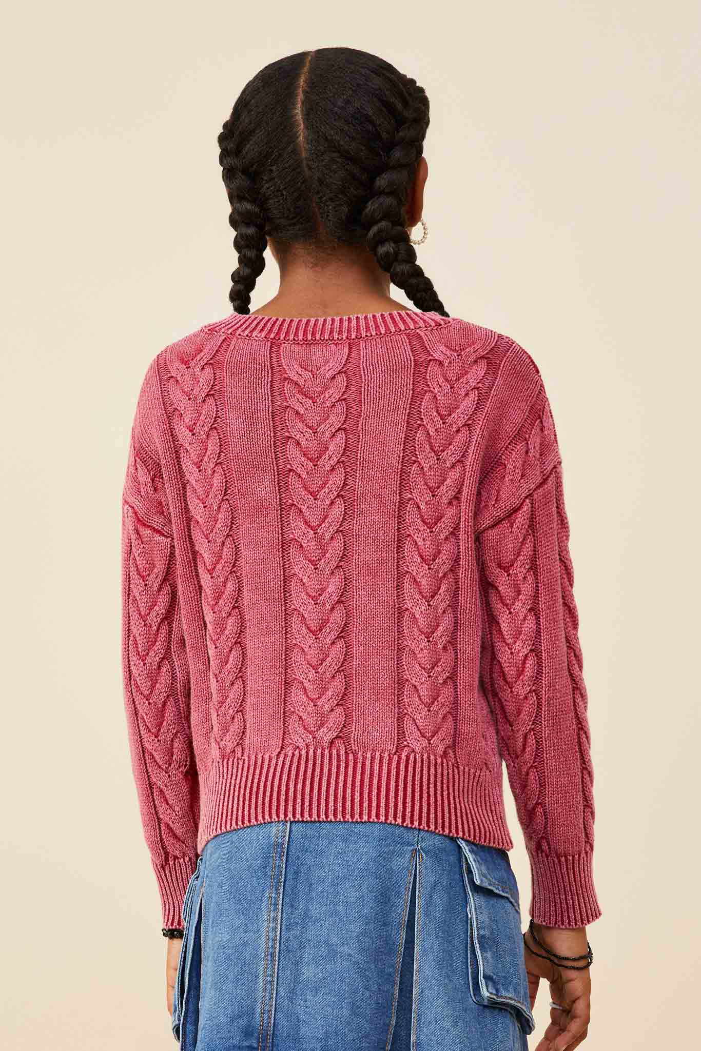 GY8873 Burgundy Girls Cable Knit Washed Pullover Sweater Back