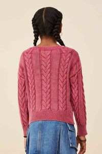 GY8873 Burgundy Girls Cable Knit Washed Pullover Sweater Back