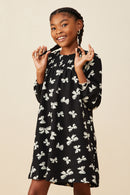 GY8877 Black Girls Ditsy Bow Print Smock Detail Dress Front