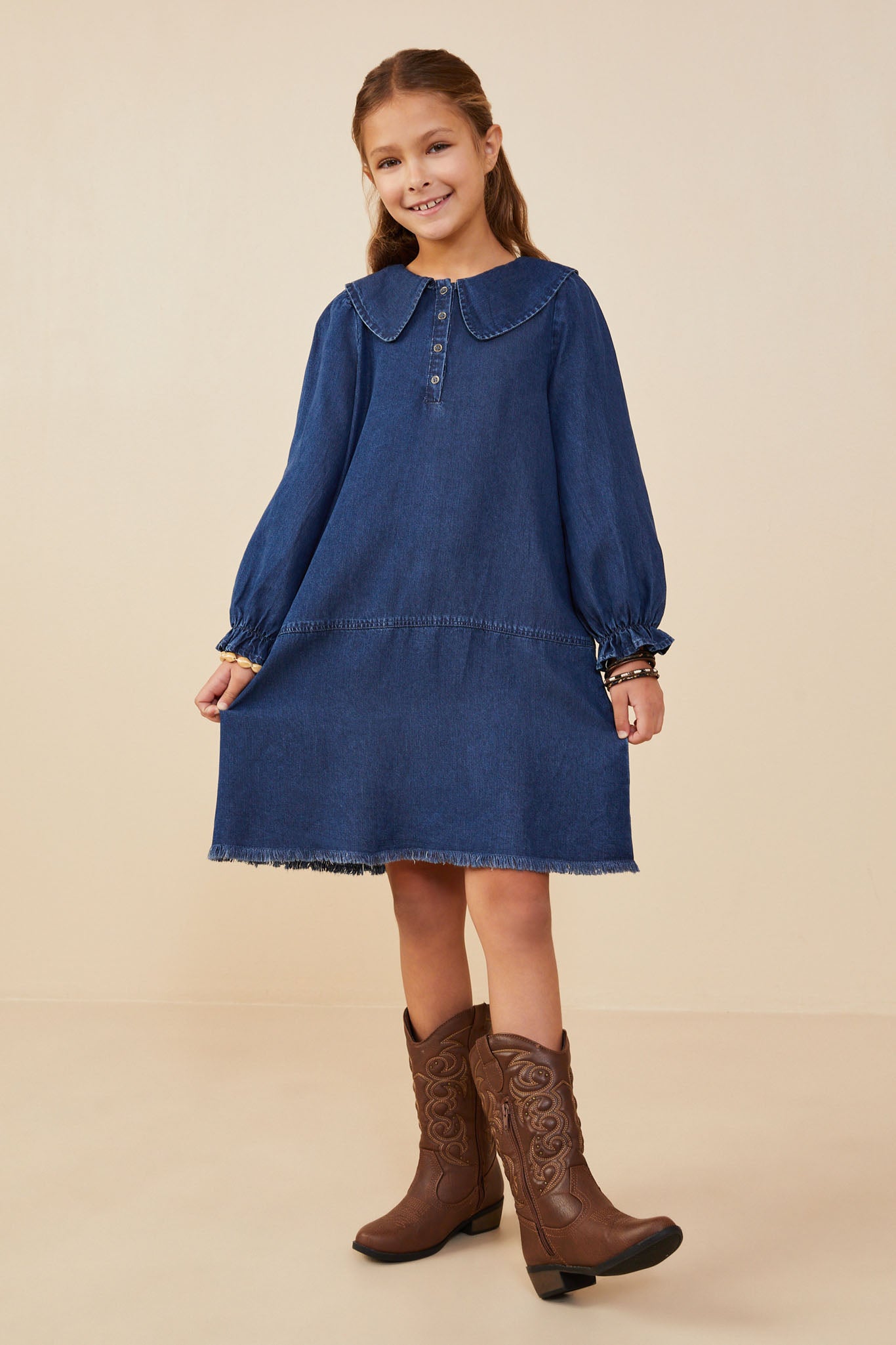 Girls Collared Cuff Chambray Dress