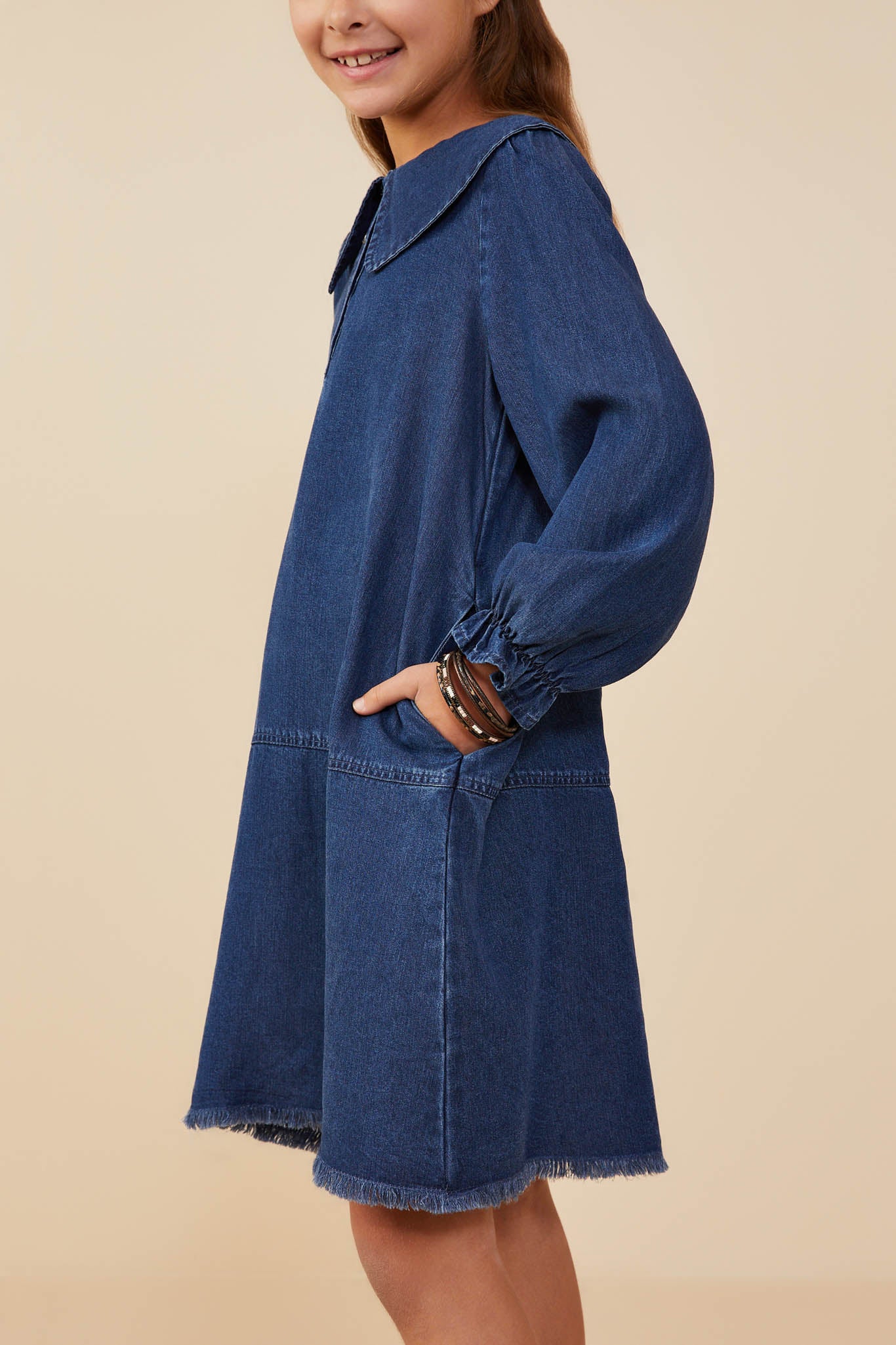 Girls Collared Cuff Chambray Dress Girls Collared Cuff Chambray Dress