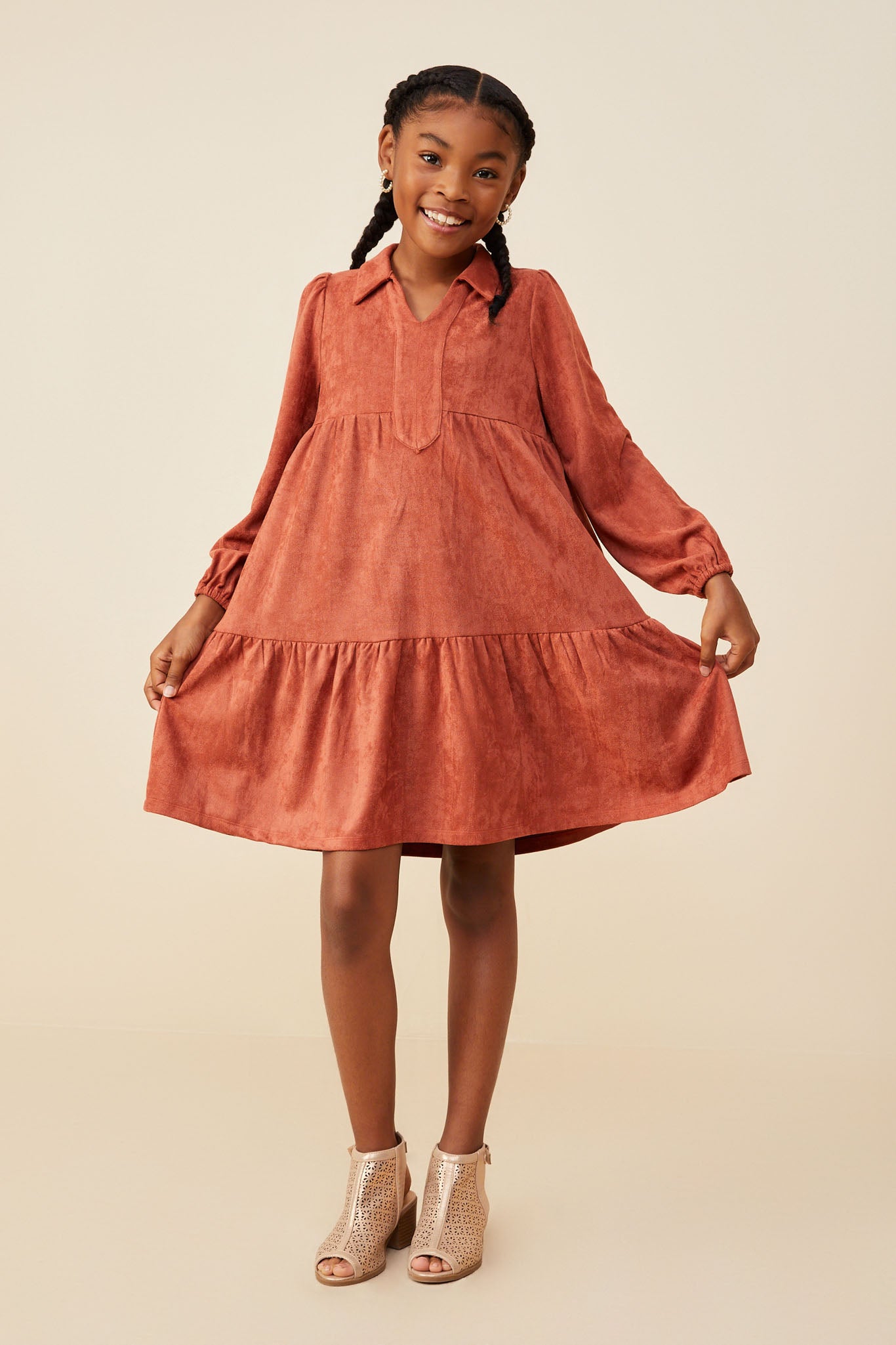 Open Collar Vegan Suede Swing Dress