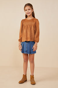 GY8894 Camel  Girls Vegan Suede Smocked Baby Doll Top Front 2
