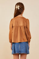 GY8894 Camel  Girls Vegan Suede Smocked Baby Doll Top Back