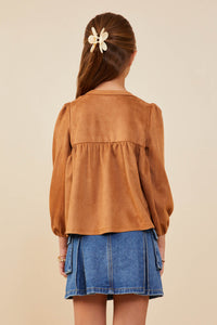 GY8894 Camel  Girls Vegan Suede Smocked Baby Doll Top Back