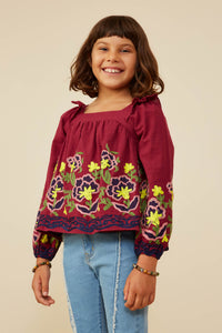GY8897 Berry Girls Large Floral Embroidered Ruffled Top Side