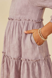 GY8900 Lavender Girls Floral Textured Button Back Ruffle Tiered Dress Detail