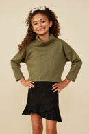 GY8907 Olive Girls Textured Knit Drop Shoulder Turtleneck Top Front