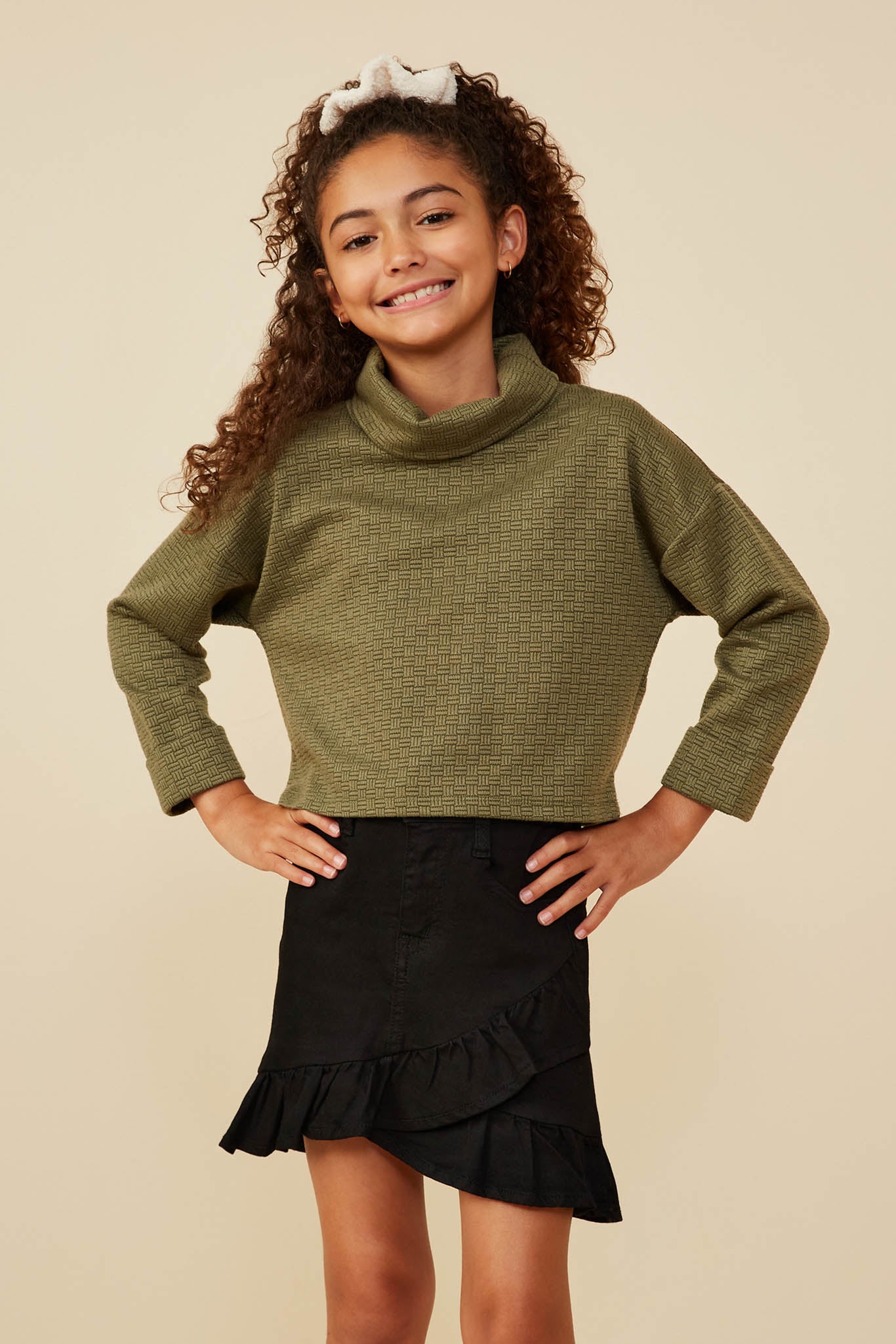 Textured Knit Drop Shoulder Turtleneck Top