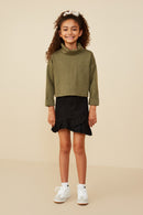 GY8907 Olive Girls Textured Knit Drop Shoulder Turtleneck Top Pose