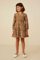 GY8909 BROWN Girls Notch Detail Long Sleeve Floral Embroidered Dress Pose