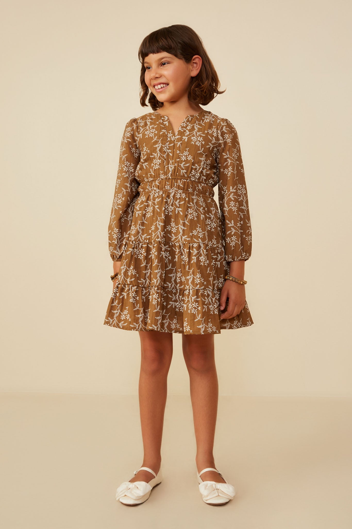 Notch Detail Long Sleeve Floral Embroidered Dress