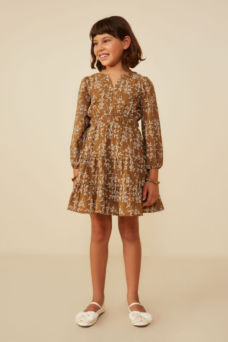 GY8909 BROWN Girls Notch Detail Long Sleeve Floral Embroidered Dress Pose