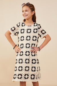 GY8912 Oatmeal Girls Crochet Knit Patterned Shift Dress Front