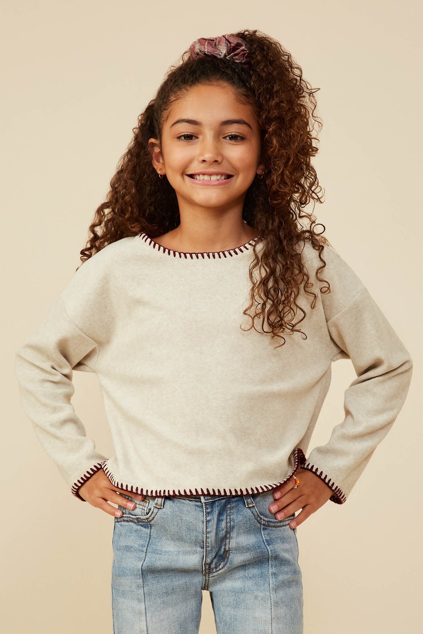 Brushed Contrast Stitch Long Sleeve Knit T Shirt