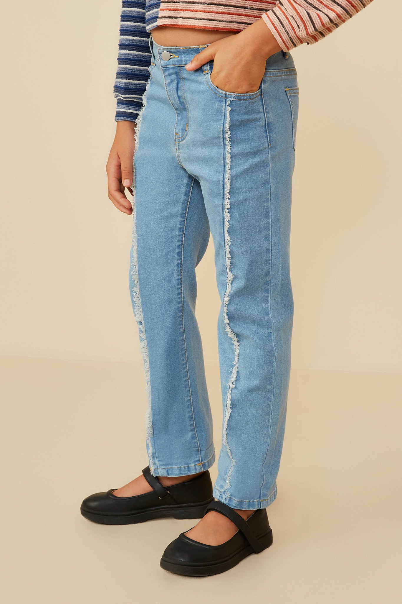 Distressed Fray Detail Straight Leg Denim Jeans