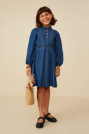 GY8923 Mid Denim Girls Collared Long Sleeve Chambray Dress Pose