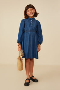 GY8923 Mid Denim Girls Collared Long Sleeve Chambray Dress Pose