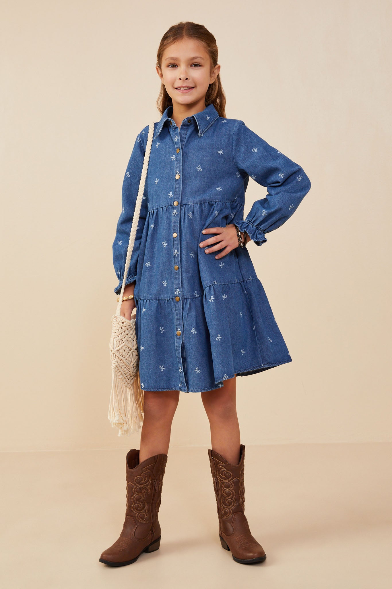 Bow Printed Buttoned Denim Dress