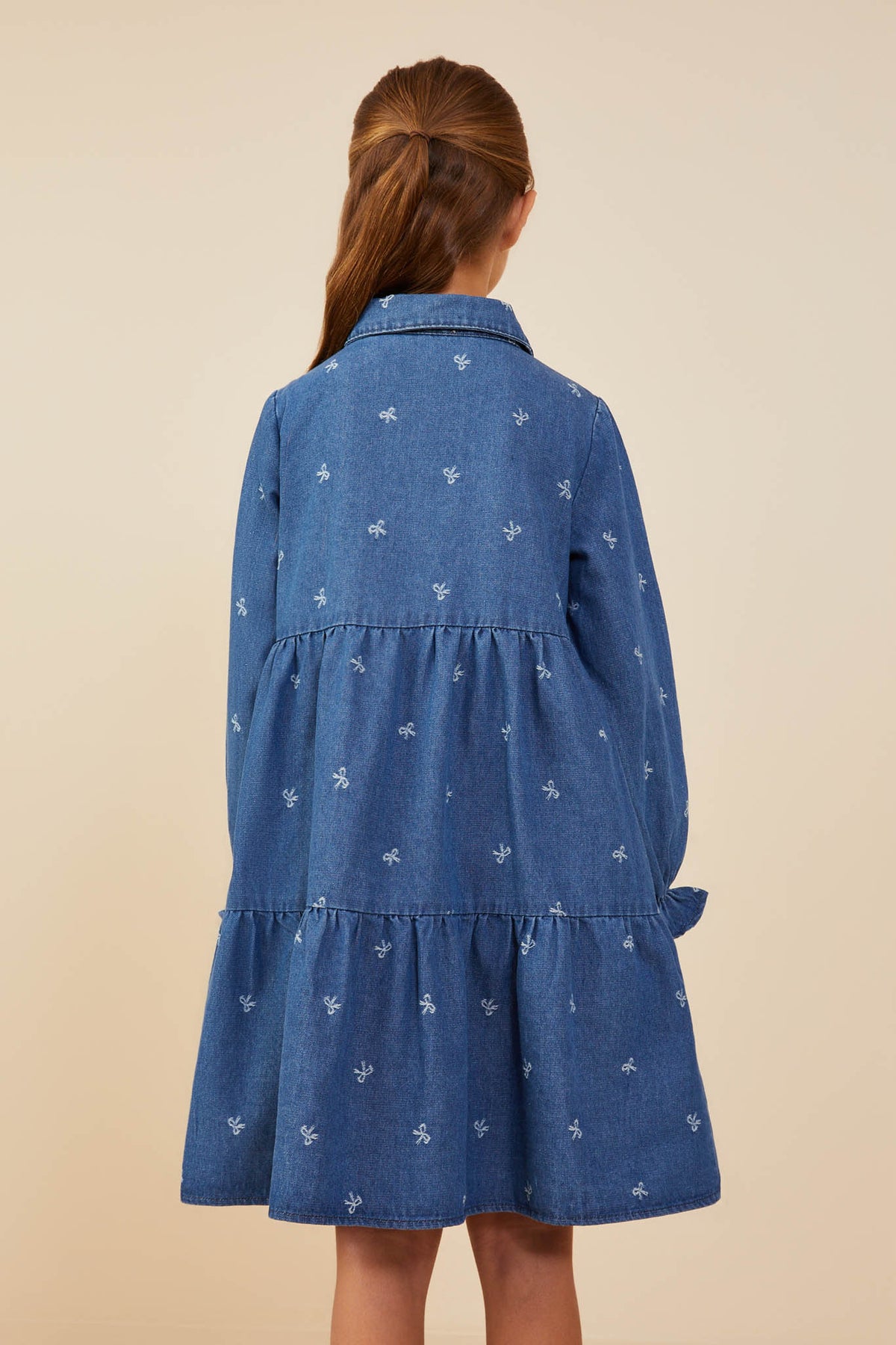 Hayden Girls Kids' Bow Print Denim Tiered Shirtdress in Mid Denim at Nordstrom, Size Medium