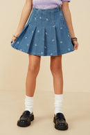 GY8934 Mid Denim Girls Bow Printed Pleated Denim Skirt Front