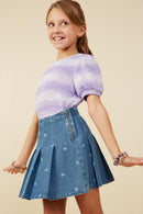 GY8934 Mid Denim Girls Bow Printed Pleated Denim Skirt Pose