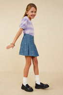 GY8934 Mid Denim Girls Bow Printed Pleated Denim Skirt Side