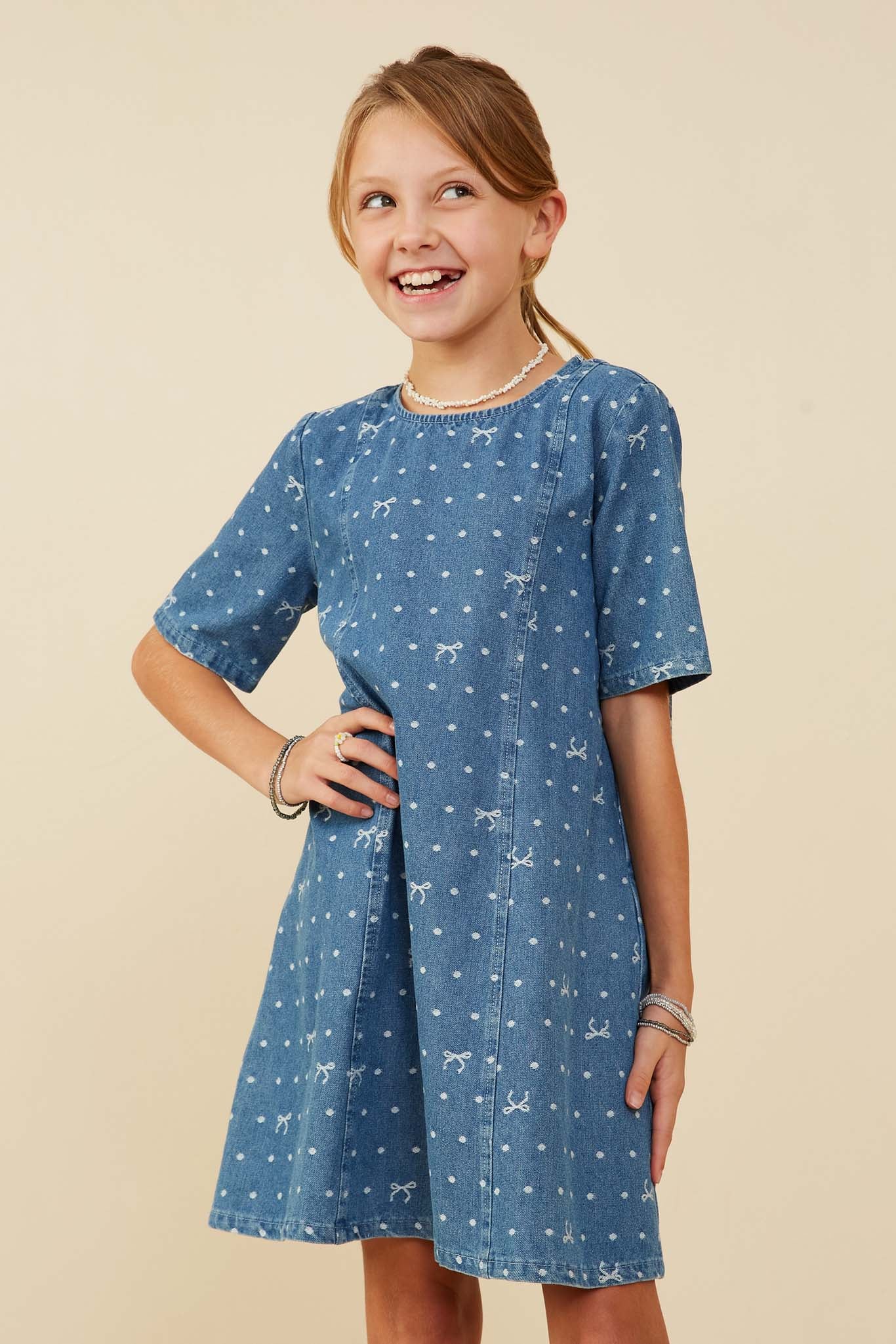 Girls Denim Polka Dot And Bow Dress