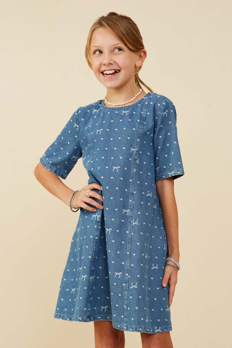 GY8938 Mid Denim Girls Polka Dot And Bow Print Denim Dress Front
