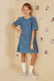 GY8938 Mid Denim Girls Polka Dot And Bow Print Denim Dress Pose